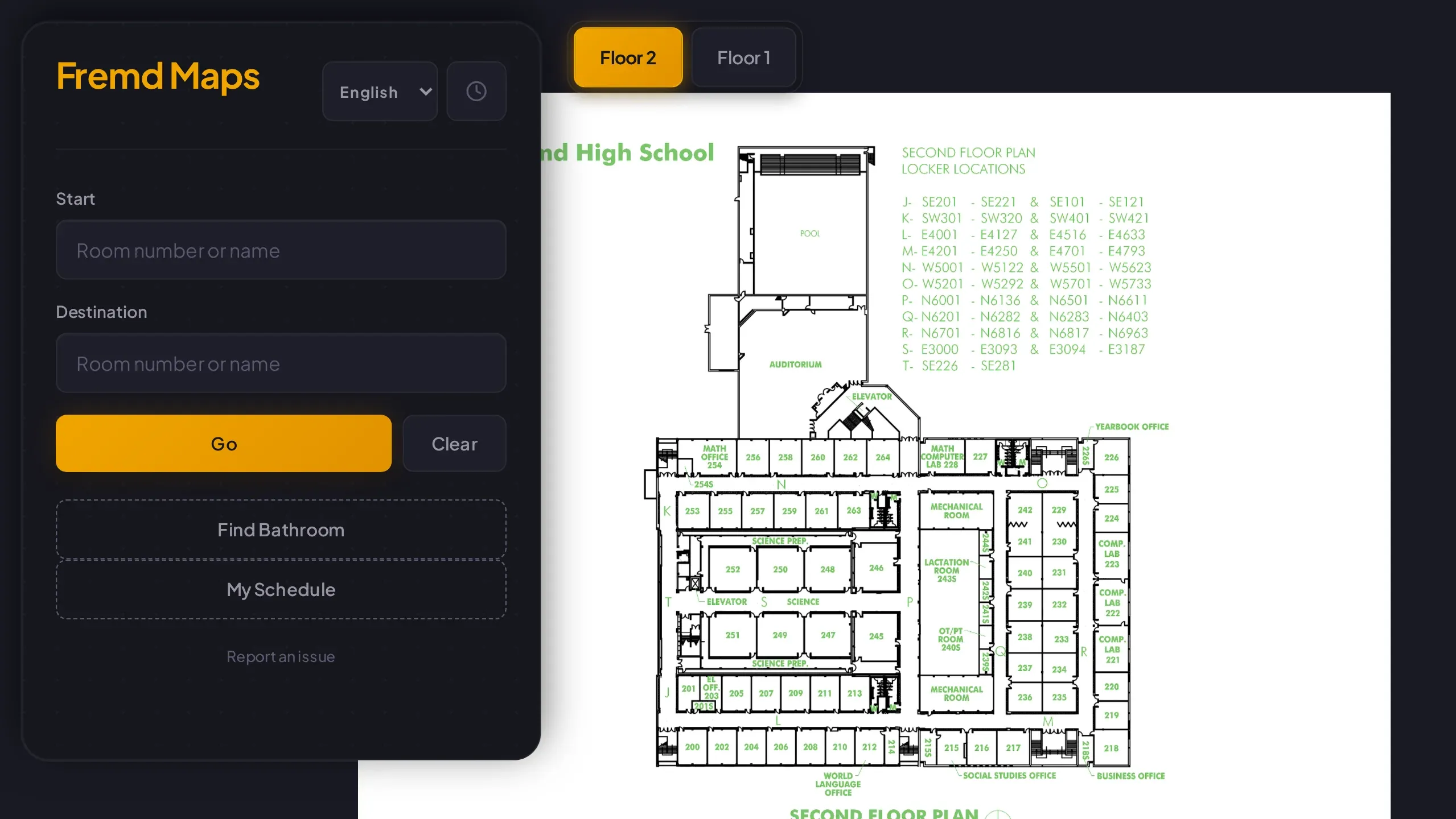 Fremd Maps showing the second-floor plan beside its route controls