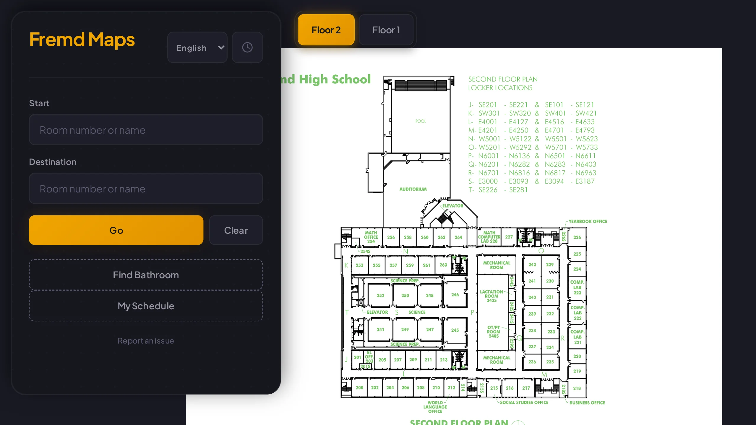 Fremd Maps showing the second-floor plan beside its route controls