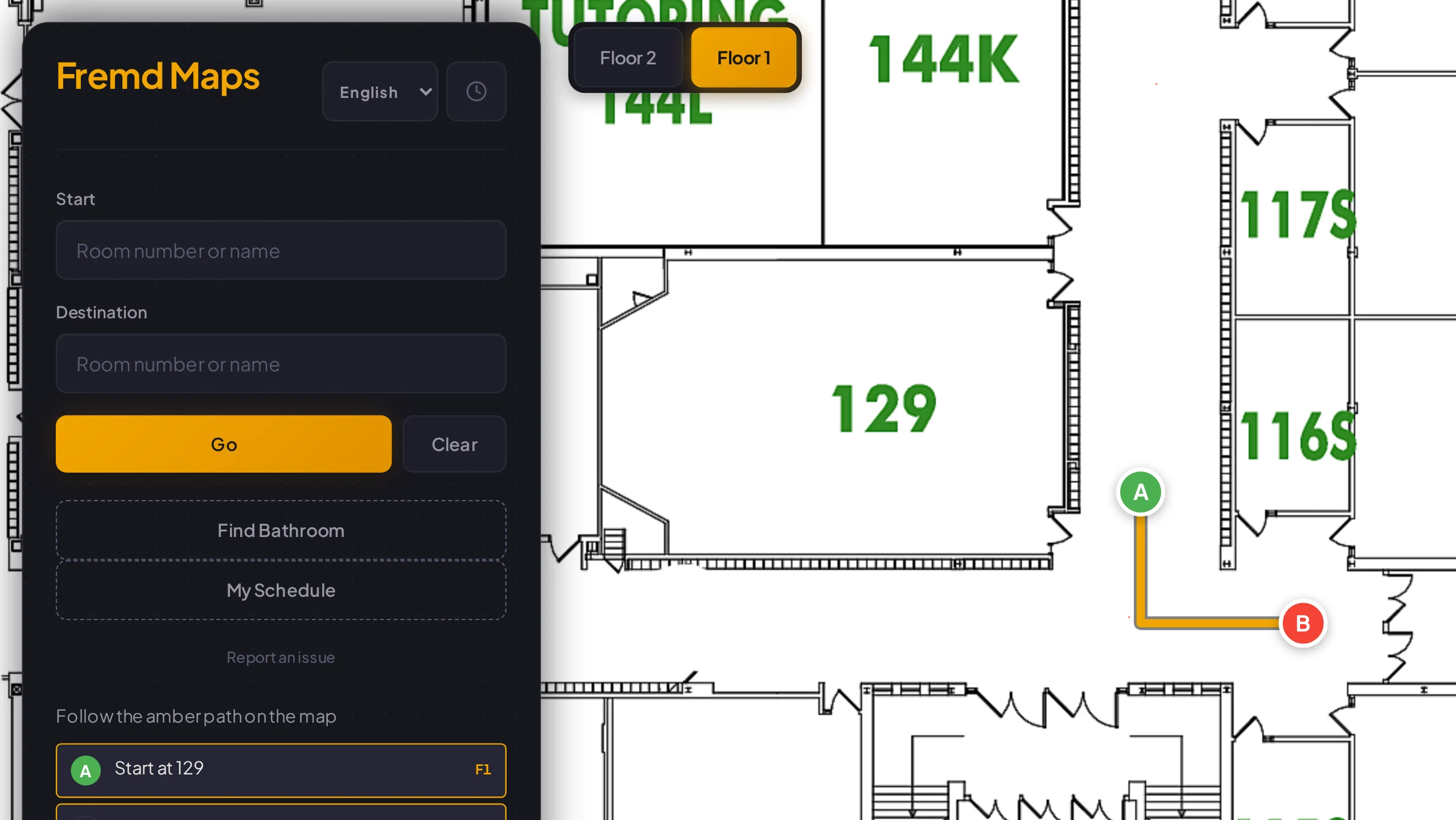 A route from room 129 to room 115, with turn-by-turn directions in the sidebar